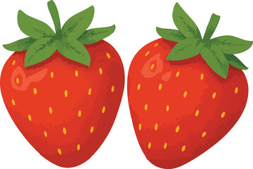 Obraz premium Two red strawberries with green leaves and yellow seeds