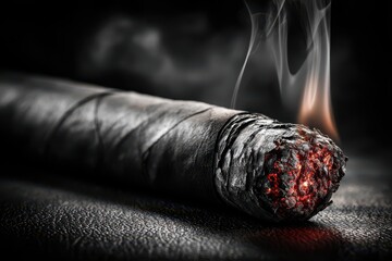 Burning cigar with glowing embers, elegant smoke, on dark textured background.