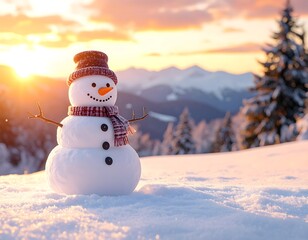 Obraz premium Festive snowman in mountain winter landscape