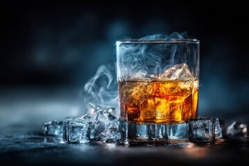 A dramatic close-up of amber whiskey on the rocks with chilling smoke.