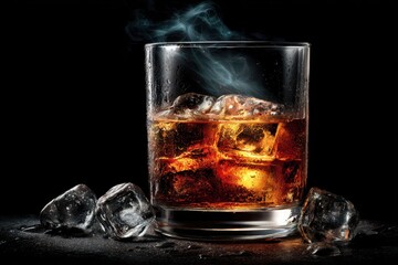 Chilled whiskey on the rocks with condensation, ice, and rising smoke.