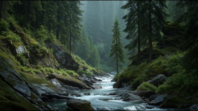 渓流と滝が織りなす自然の癒し風景｜清流｜岩肌｜森林｜マイナスイオン｜空撮｜水の流れ｜森の音｜涼感｜静けさ｜シネマティック素材｜癒し動画｜抽象背景