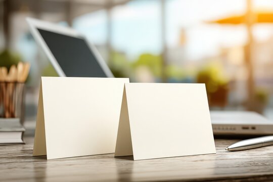Two pristine blank tent cards on a rustic wooden desk, perfect for copy space.