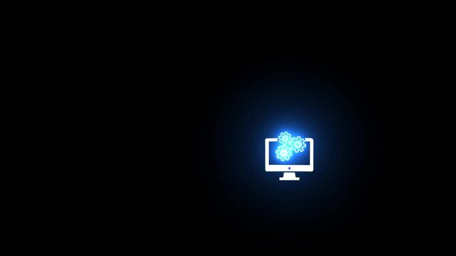 Animation of glowing neon Computer and 3 setting icon isolated , monitor with gears icon animation, setting icon .Neon blue computer monitor with gear and clipboard icon on black background