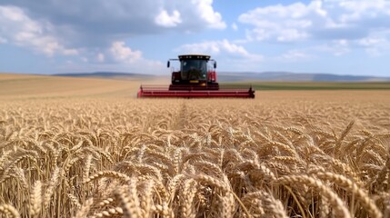 Fototapeta premium Harvesting wheat in a vast field under a clear blue sky