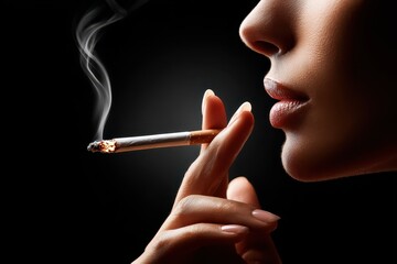Fototapeta premium A close-up shot of a woman holding a lit cigarette with smoke rising, dark background.
