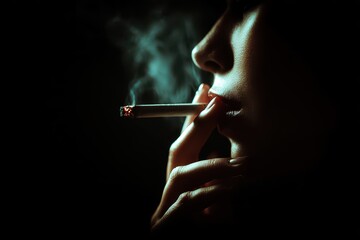 Obraz premium Close-up profile of woman smoking cigarette, glowing tip and soft smoke.
