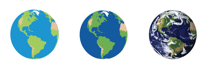 Earth Globe in Flat, 3D, and Realistic Designs – Planet Illustration for Education, Global Business, and Environmental Infographics