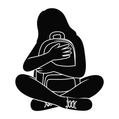 Black silhouette illustration of a young person holding a backpack in a seated position silhouette vector illustration white background