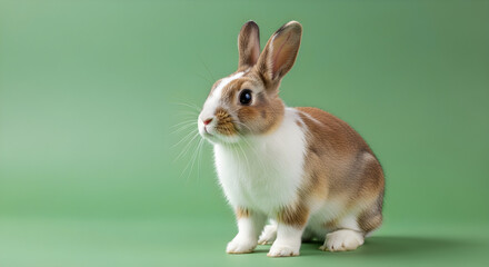 Obraz premium Cute brown and white rabbit sitting attentively against a solid green background in studio lighting.