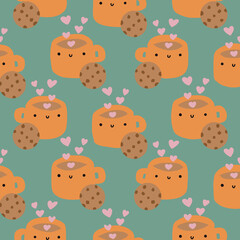 seamless pattern with a cup of hot chocolate and cookies