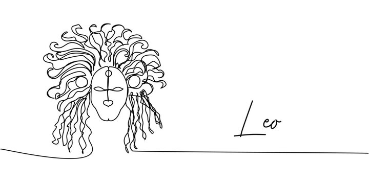 Minimalist one-line Leo zodiac sign illustration, elegant linear lion head with mane in continuous contour black art
