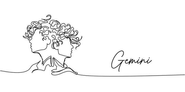 Minimalist one-line Gemini zodiac sign illustration, elegant linear twin faces design in continuous contour black art