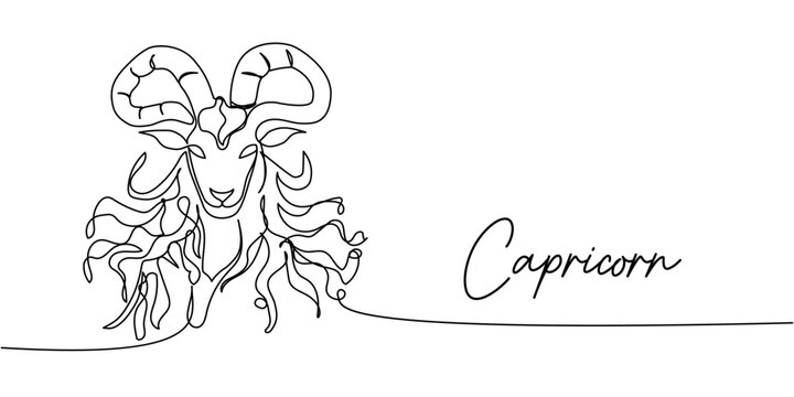 Minimalist one line art of Capricorn zodiac sign, elegant linear goat head with horns and decorative flowing lines