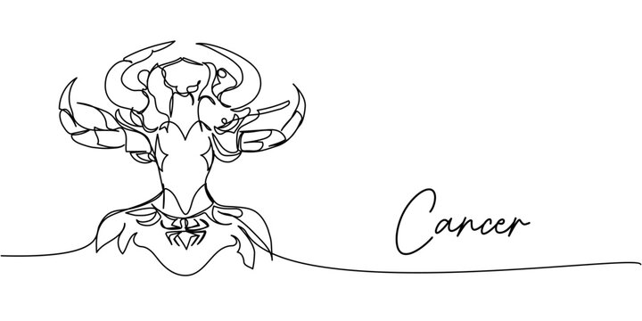 Minimalist one line art of Cancer zodiac sign, continuous linear crab design with claws and decorative abstract elements