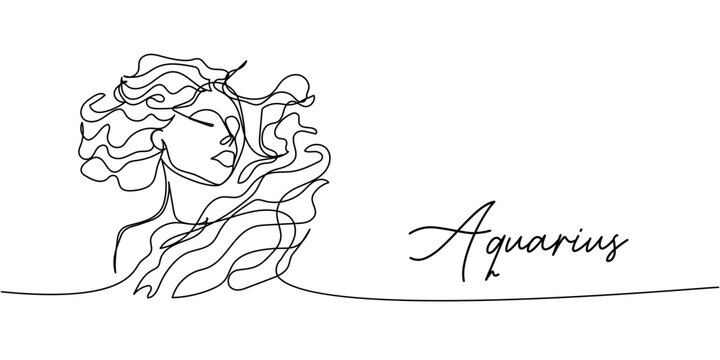 Minimalist continuous line art of Aquarius zodiac sign, abstract flowing-haired woman in elegant artistic outline style