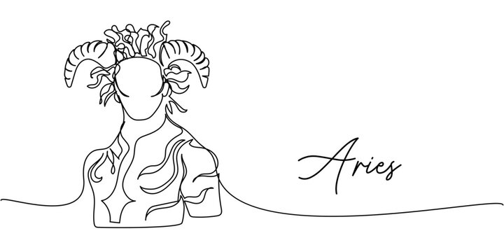 Minimalist one line art of Aries zodiac sign, abstract ram figure with horns and decorative geometric torso design