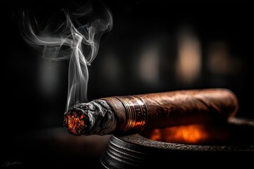 Close-up of a luxury lit cigar with elegant smoke and warm glowing embers.