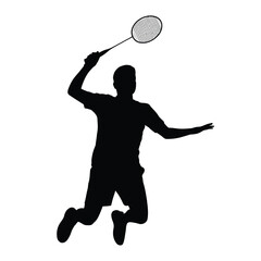 Black silhouette illustration of a badminton player jumping and smashing vector graphic eps icon for sports graphics silhouette vector illustration white background
