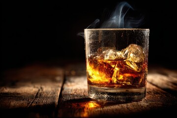 A dramatic shot of whiskey on ice with smoke rising from the glass on a rustic wooden table.