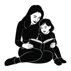 Scalable vector illustration mother and child reading book black and white eps icon silhouette vector illustration white background
