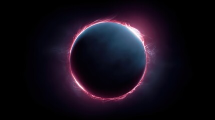 A dark sphere enveloped by a vibrant, glowing red-pink aura, reminiscent of a cosmic eclipse or energetic planetary body against a black void, blurred black background