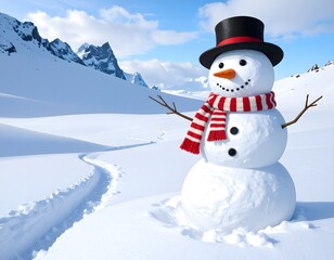 Obraz premium Snowman in forest with sunlight and snowflakes
