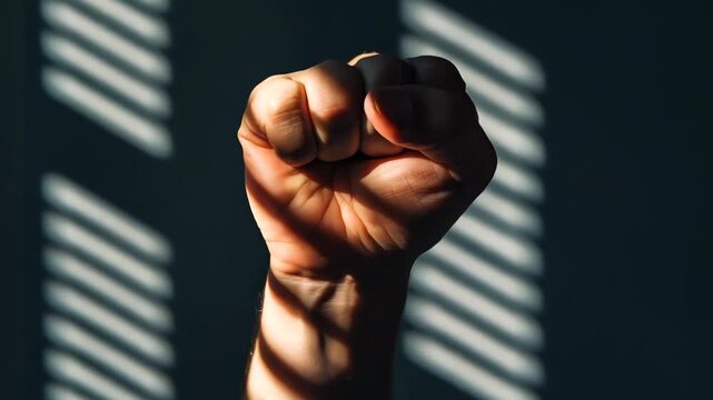 A powerful close-up image of a raised fist casting dramatic shadows. This visual represents strength, determination, and a call to empowerment, accentuated by striking lighting.