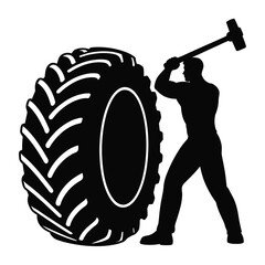 Silhouette illustration of man with hammer preparing to strike giant tractor tire vector art eps silhouette vector illustration white background