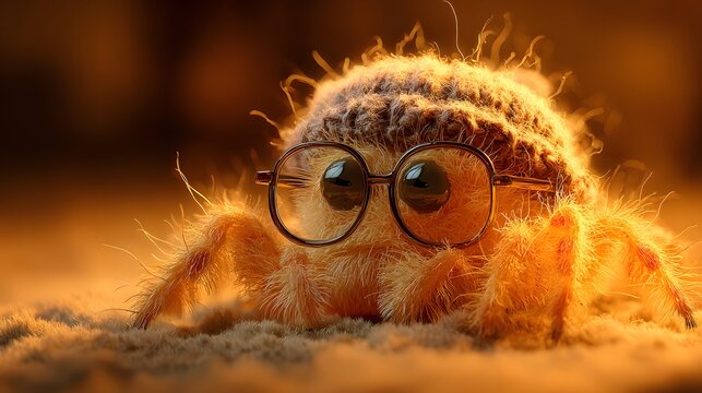 Fluffy spider with glasses sits on fuzzy ground in warm light.