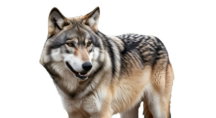 Fototapeta premium Portrait of a distinguished wolf with striking amber eyes and a patterned coat in a natural setting.