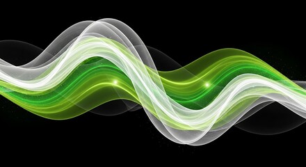 Abstract waves of green and white flowing across a black background with glowing light spots design
