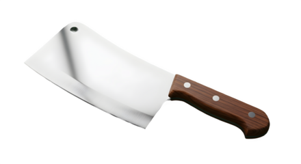 Sharp meat cleaver with wooden handle, resting diagonally on a dark green background, detailed view
