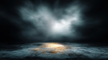 Dark, atmospheric background with smoky mist, bright overhead light, and a wet, reflective floor with a warm yellow glow. Ethereal and dramatic, blurred black background