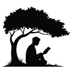 Silhouette illustration of a person reading book under a tree scalable vector graphic eps silhouette vector illustration white background