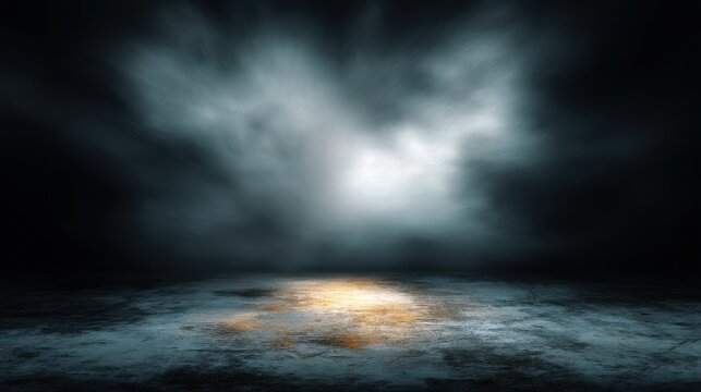 Dark, atmospheric background with smoky mist, bright overhead light, and a wet, reflective floor with a warm yellow glow. Ethereal and dramatic, blurred black background
