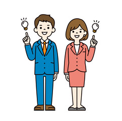 いいアイデアが閃いた、若い会社員の男性と女性の全身ベクターイラスト素材セット＿カラー