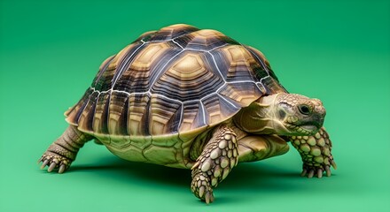 A Sulcata Tortoise Stands on a Green Background.