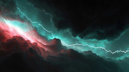 Abstract digital art showing dark, dramatic storm clouds illuminated by vibrant neon red and teal light, with white lightning bolts striking through, blurred black background