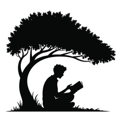 Scalable vector illustration silhouette of a person reading a book underneath a large tree silhouette vector illustration white background