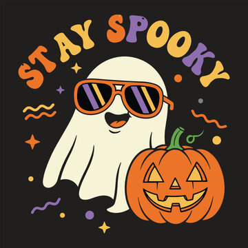 Cool ghost with sunglasses and pumpkin illustration, stay spooky Halloween design, cute cartoon ghost art, retro Halloween vibe artwork.
