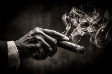 A dramatic black and white shot of a distinguished hand holding a smoking cigar.