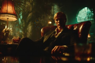 Stylish man in suit with whiskey in dark, smoky, opulent, vintage lounge.