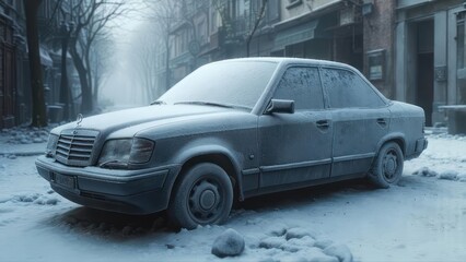 A classic sedan covered in heavy snow, parked on a street with buildings in a winter scene