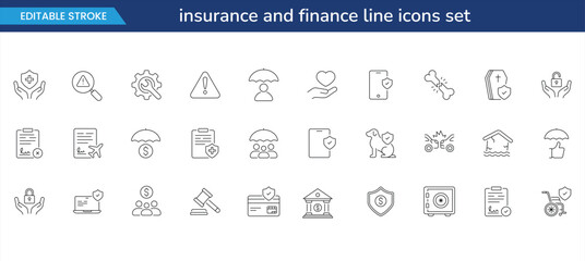 insurance and finance line icons set — editable stroke business, security, and healthcare outline symbols for web, app, and presentation design