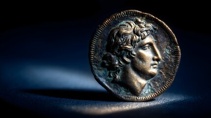 Ancient bronze coin features profile portrait in dramatic lighting.