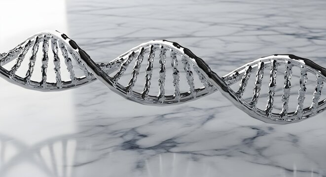 3D Render of a DNA Double Helix Structure with a Polished Metallic Finish on a Marble Surface