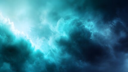 Dramatic teal clouds swirl with bright light breaking through.