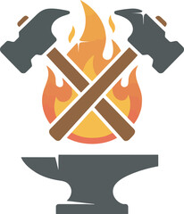 Crossed hammers above an anvil, with flames in the background, creating a blacksmithing or forging symbol.