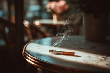 Obraz premium Lit cigarette with smoke rising on marble table, bathed in soft, warm light.